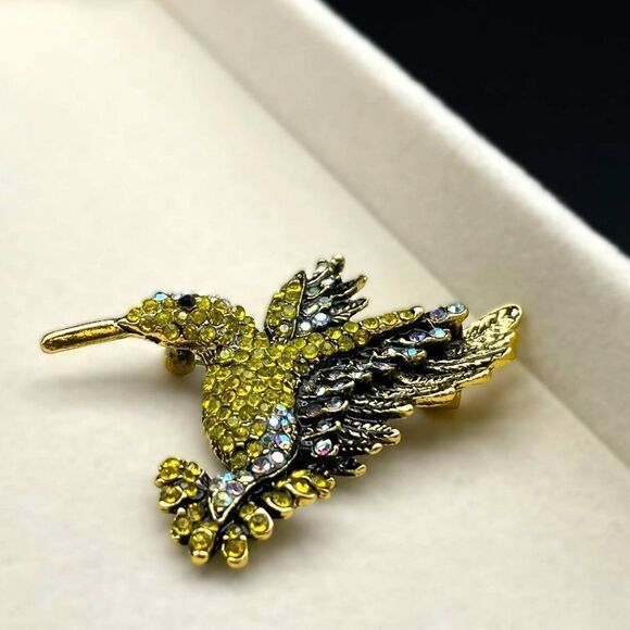 Yellow Gold with Yellow Citrine and White AB Crystal Hummingbird Pin Back Brooch - Picture 5 of 7